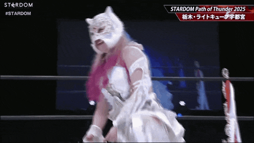 a woman in a wrestling ring is wearing a white mask