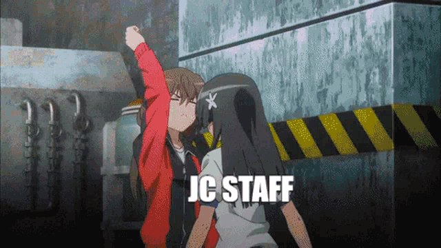 two anime girls are fighting and the words jc staff are on the bottom right