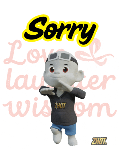 a cartoon character is standing in front of a sign that says sorry love laughter and wisdom