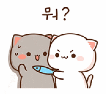two cartoon cats are standing next to each other and one is holding a fish in its hand .