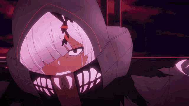 a cartoon character with purple hair and a hood on