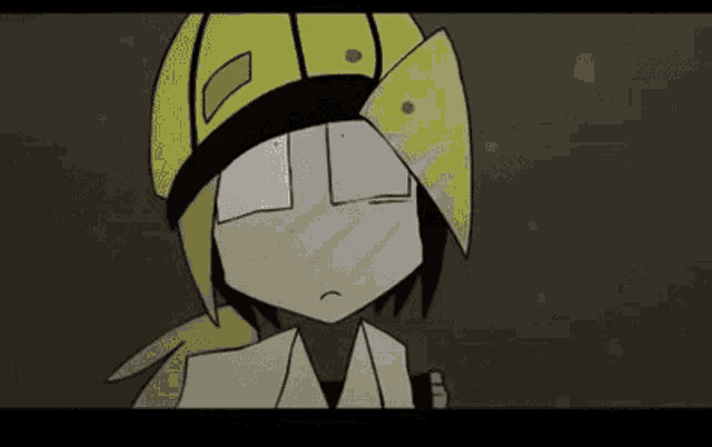 a close up of a cartoon character wearing a yellow hat and glasses .
