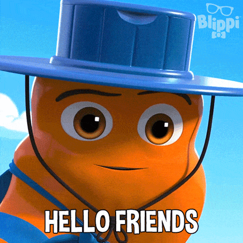 a cartoon character is wearing a top hat and a tie and says hello friends