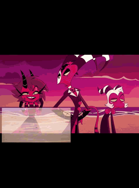a group of cartoon characters standing on a beach with a sunset in the background