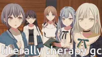 a group of anime girls standing next to each other with the caption literally therapy
