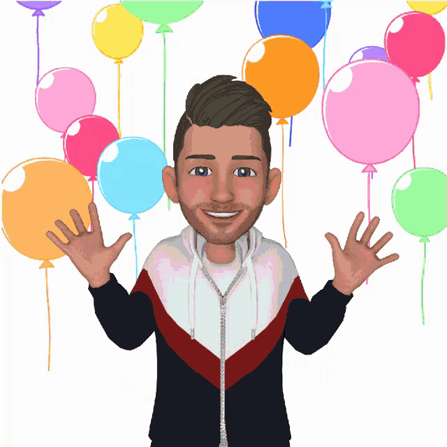 a cartoon of a man surrounded by balloons with his hands in the air