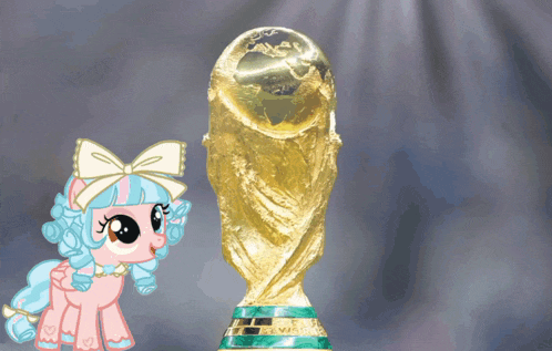 a cartoon pony is standing next to a gold trophy that says fifa world cup