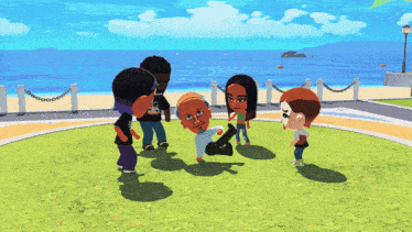a group of cartoon characters are standing in a circle in front of the ocean