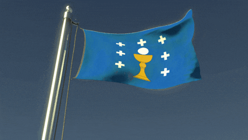 a blue flag with white crosses and a golden chalice on it