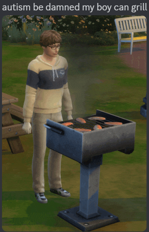 a man standing next to a grill with the words autism be damned my boy can grill below him