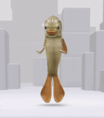 a fish with a duck head is standing in front of a white background
