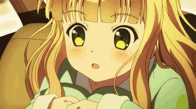 a girl with long blonde hair and green eyes looks at the camera
