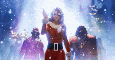a woman in a santa outfit is surrounded by men in santa costumes