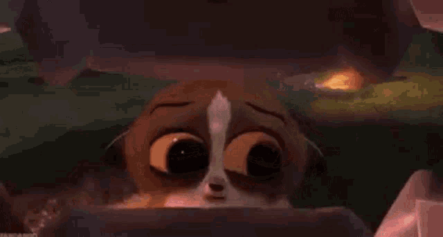 a cartoon cat with big eyes is looking out of a pink box .