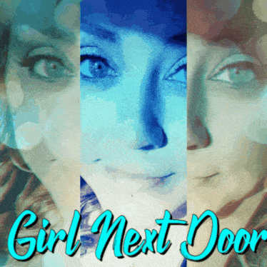 a collage of three pictures of a woman with the words girl next door on the bottom