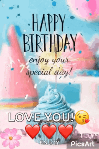 a happy birthday greeting card with a cupcake and hearts