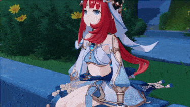 a girl with red hair and blue eyes is wearing a blue and white dress