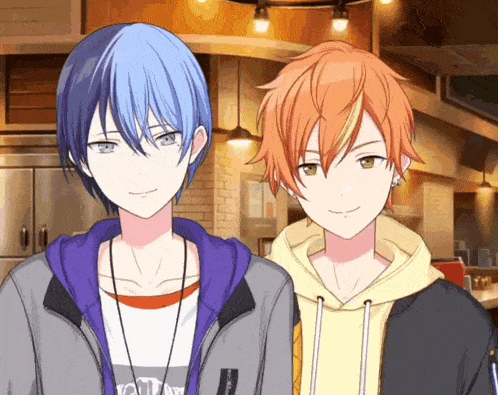 two anime characters are standing next to each other and one has blue hair