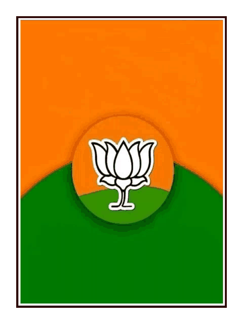 a white lotus flower in a circle on a green and orange background .