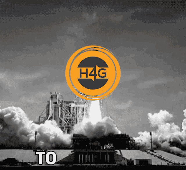 a black and white photo of a rocket being launched with a h4g logo