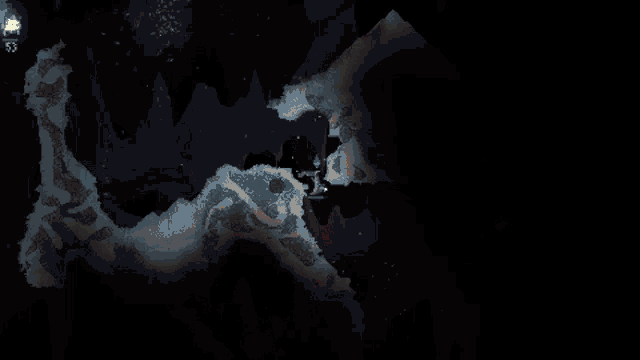 a video game shows a person flying through a cave with explosions