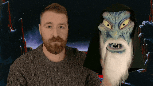 a man with a beard stands next to a monster with a white beard