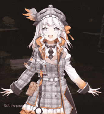 a girl in a plaid coat is standing with her arms outstretched in front of an exit the pause sign