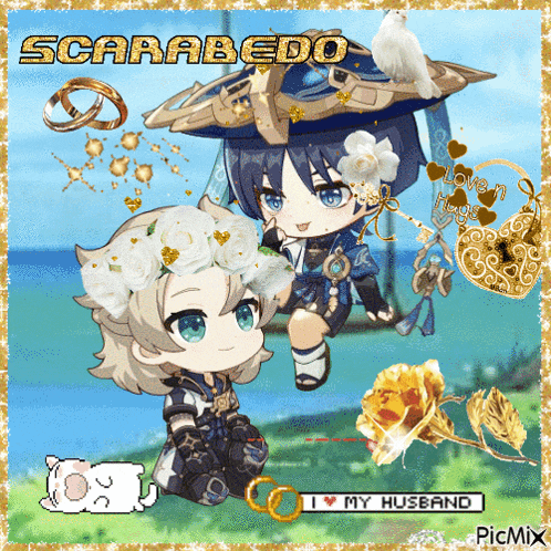 a picture of two anime characters with the words scarabedo i love my husband on the bottom