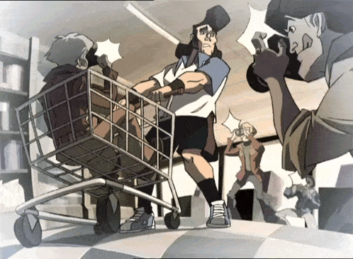a cartoon drawing of a man pushing a shopping cart with another man taking a picture