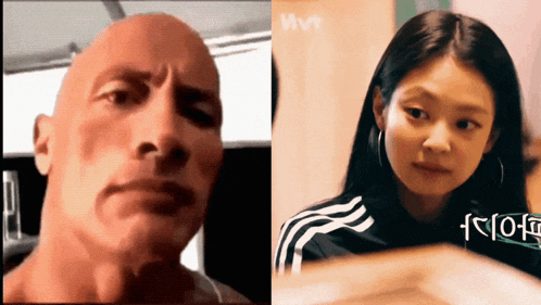 a man with a bald head is next to a woman with long black hair and hoop earrings