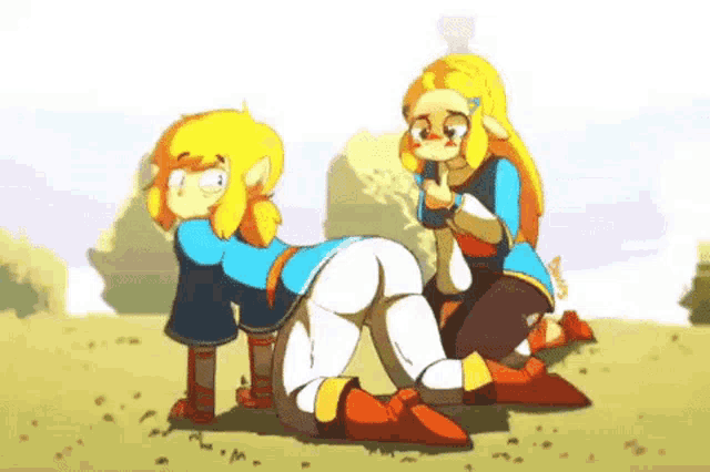 a couple of cartoon characters are standing next to each other on a grassy field .