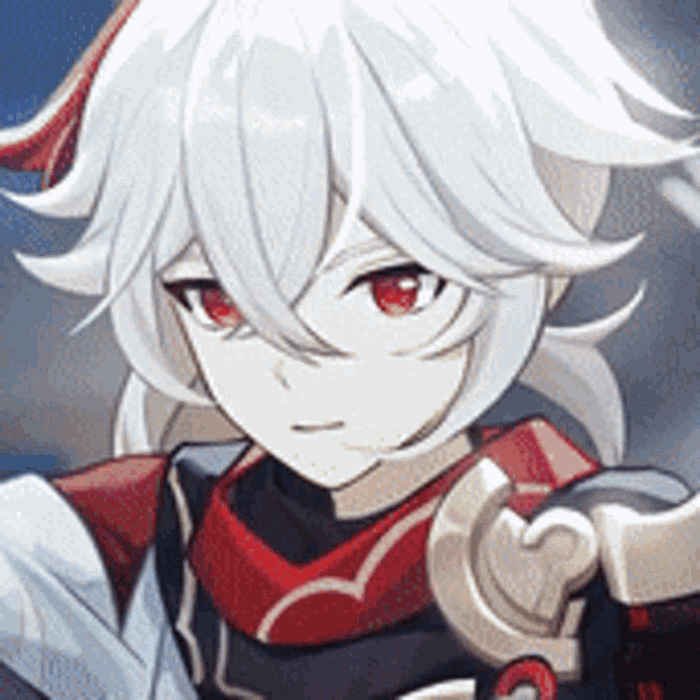 a close up of a person with white hair and red eyes holding a sword .