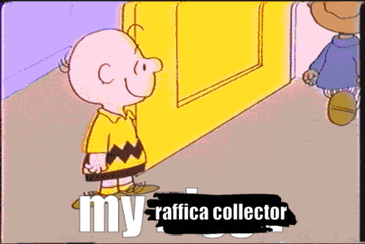 a cartoon of charlie brown standing in front of a yellow door with the words my raffica collector below him