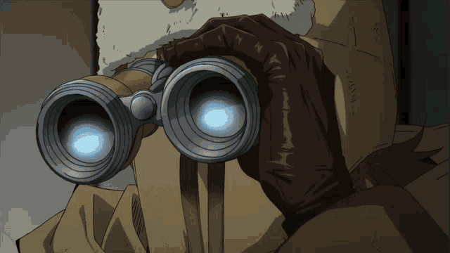 a person looking through a pair of binoculars with a blue light coming out of the lenses