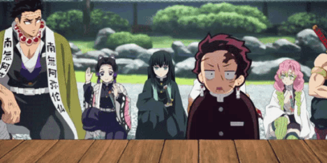 a group of anime characters are standing around a wooden table with chinese writing on it