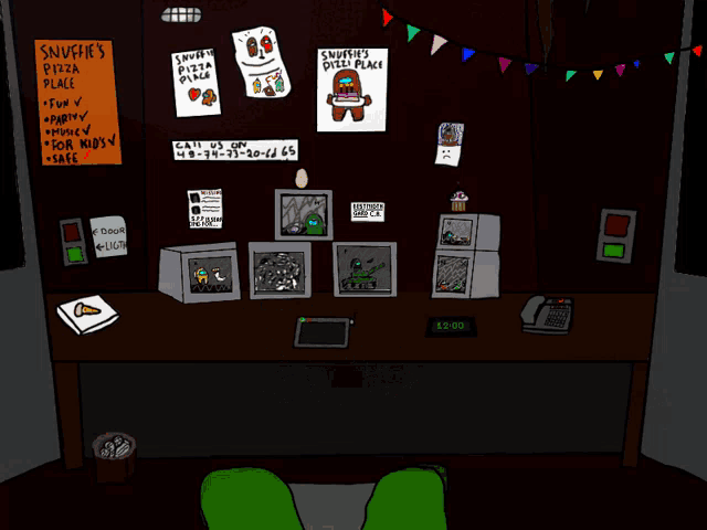 a drawing of a room with a sign that says snuff 's pizza place