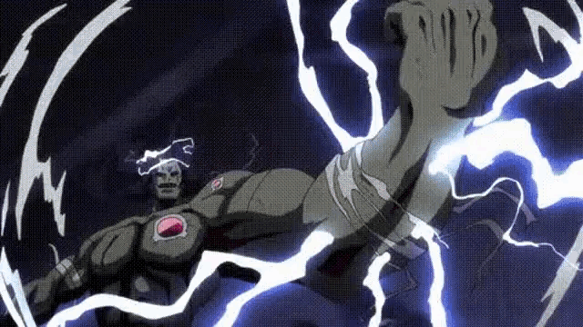 a cartoon character is being struck by lightning while standing in the dark .