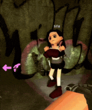 a video game character named tifa is standing in front of a graffiti wall