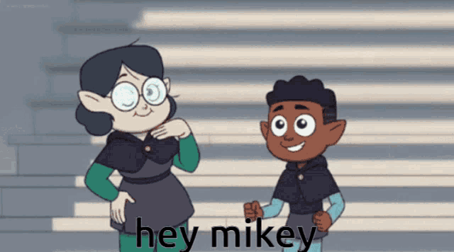 a couple of cartoon characters standing next to each other with the words hey mikey on the bottom