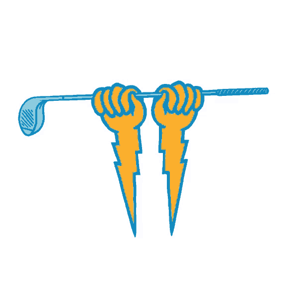 two hands holding a golf club with lightning bolts