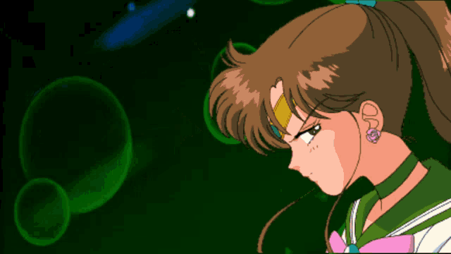 a cartoon of a girl with a green uniform