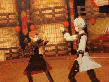 two anime characters are dancing in a room with lanterns and a sign that says ' a ' on it