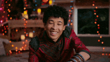 a young man with curly hair is smiling with his eyes closed in front of christmas lights .