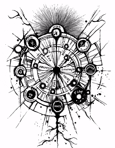 a black and white drawing of a ferris wheel with a tree in the center