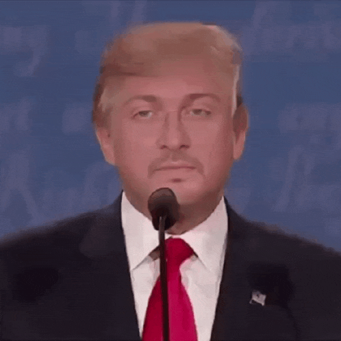 a man in a suit and tie with a fake donald trump wig and mustache
