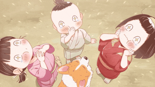a group of children are standing around a dog with their hands on their faces