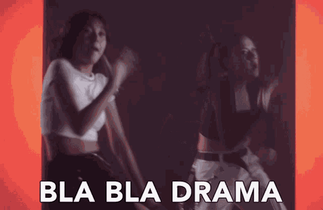 two women are dancing in front of a red background and the words bla bla drama are written on the bottom