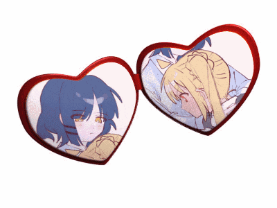 a pair of heart shaped glasses with two anime girls inside