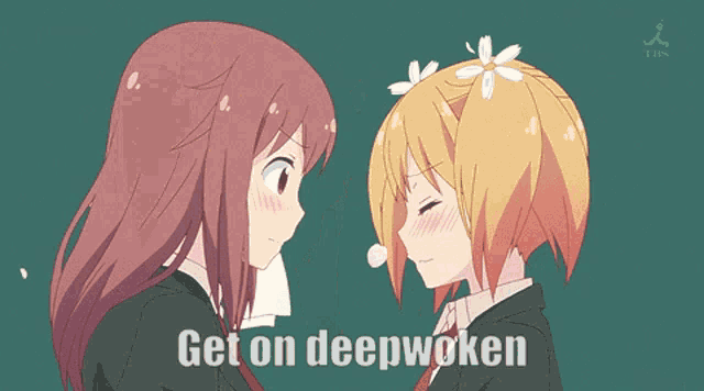 a cartoon of two girls with the words get on deepwoken above them