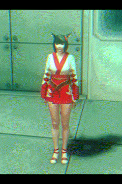 a woman in a red and white dress with a mask on her head
